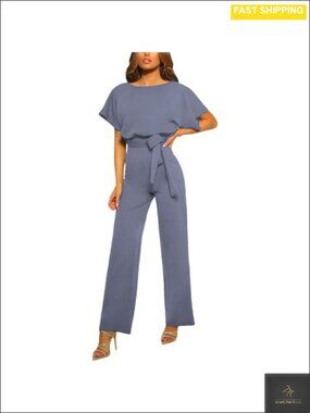 Women's Short Sleeve Wide Leg Jumpsuit Belted Long Pant Romper